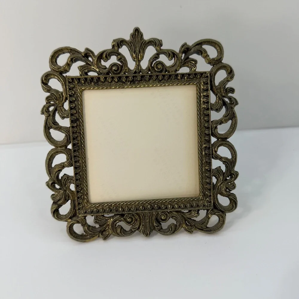Vintage Brass Ornate Filigree Picture Frame Rococo Scroll Tabletop‎ 3x3 Small